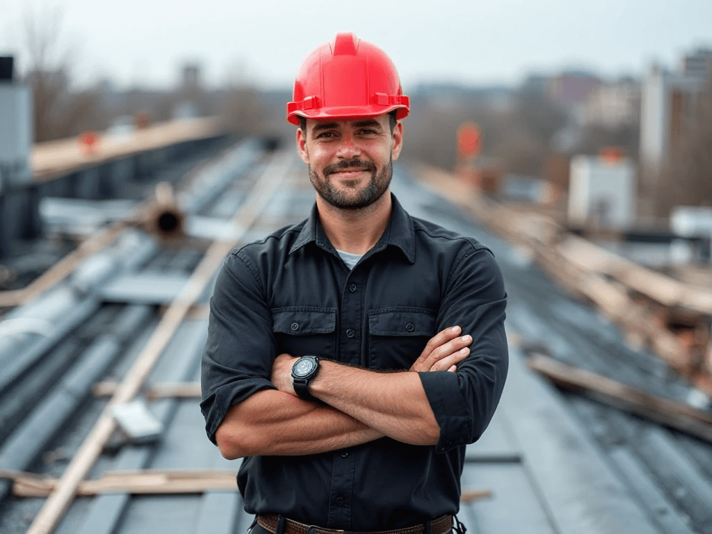 Excel Flat Roofing Professional roofer crossed arms in complete uniform on site