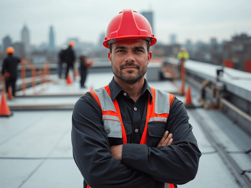 Excel Flat Roofing Professional roofer crossed arms in complete uniform