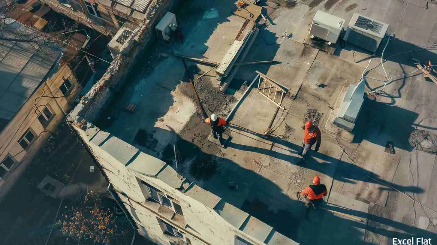 Excel Flat Roofing image showing top view of flat roofing with roofers working on it