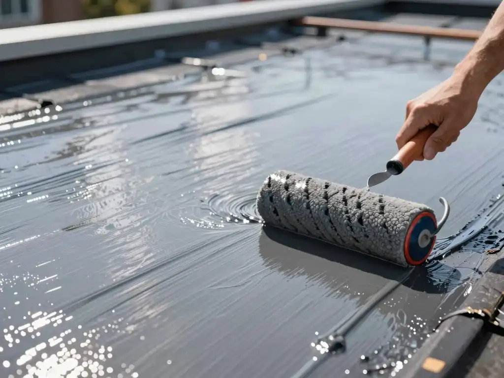 Excel Flat Roofing applying roof coating in Suffolk County NY